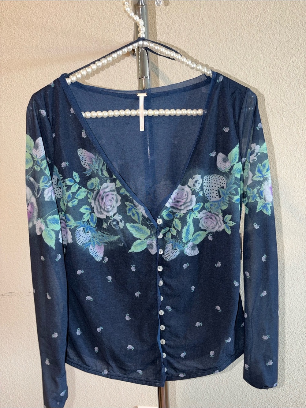 Free People Blue Floral and Strawberry Mesh Long Sleeve Button-Up Top